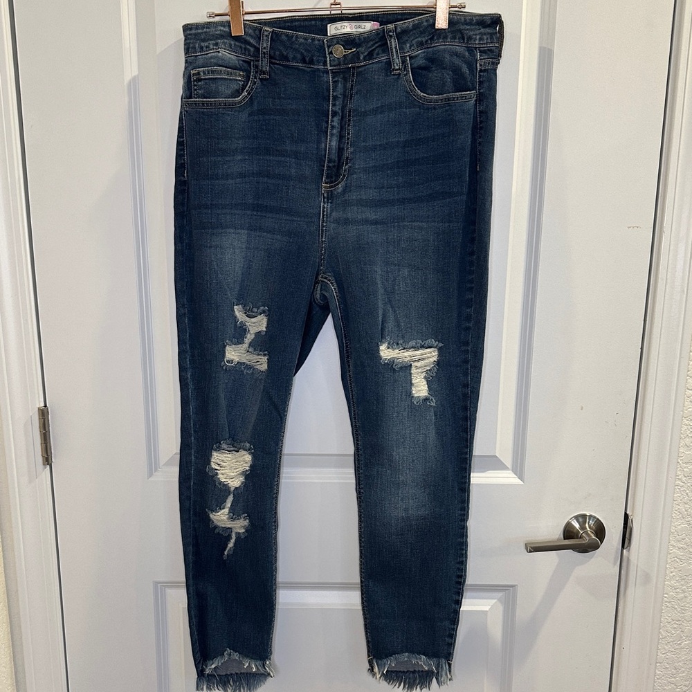 Dark Wash Distressed Ankle Jeans